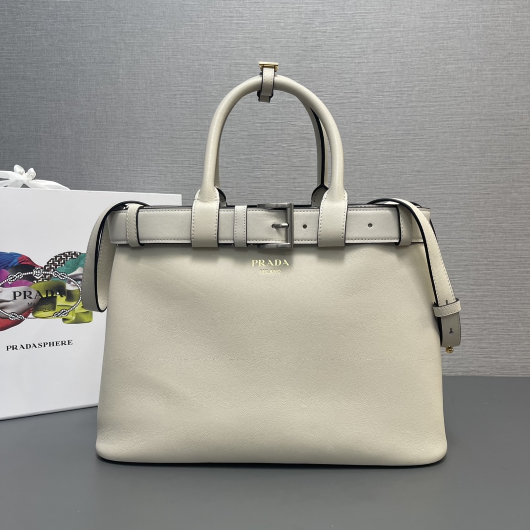 Prada Medium Buckle Leather Handbag Shoulder Bag With Belt White 1BA417